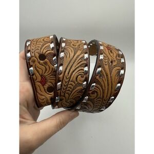 Vintage Mallory Hand Laced Belt Tooled Leather‎ Painted Floral No Buckle Sz 30